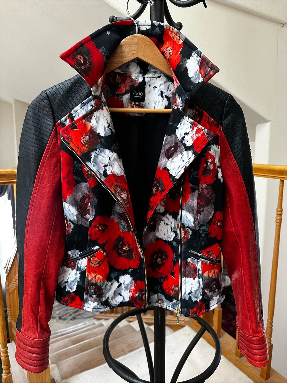 iROO Moderato Red and Black Floral Leather Moto Jacket - Picture 2 of 10